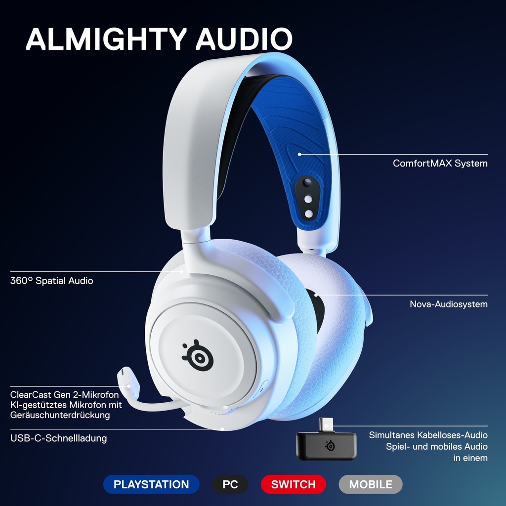 Steelseries ARCTIS NOVA 7P WHITE Headset Wireless Head-band Gaming Blu